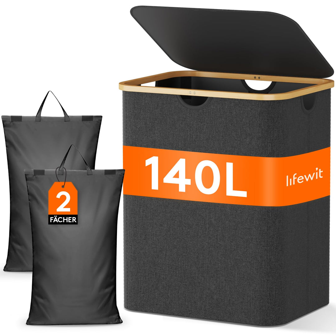 Lifewit 140L Wäschekorb mit Deckel, Grosse Wäschesammler 2 Fächer, Wäschesäcke, Wäschesortierer, Wäs