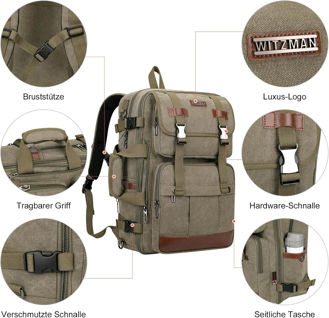 WITZMAN Reiserucksack Herren Canvas 40L Laptop Rucksack Fit 16 Zoll Vintage Rucksack für Herren Gesc
