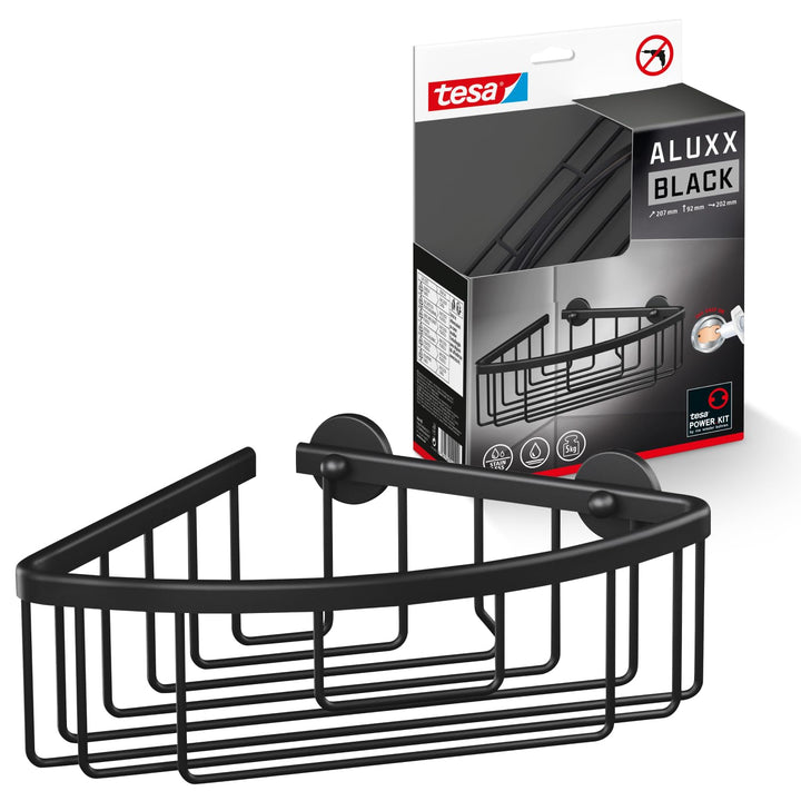 tesa ALUXX BLACK Eck-Duschablage zur Wandmontage ohne Bohren, schwarz matt - einstöckig - für Bäder