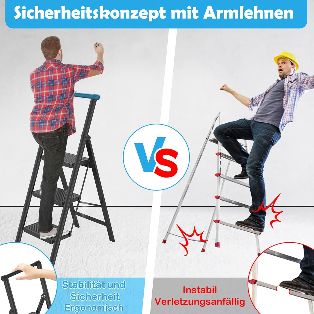Aufun Trittleiter 3 Stufen, Klappleiter mit breitem Anti-Rutsch-Pedal, Mit Handlauf Haushaltsleiter
