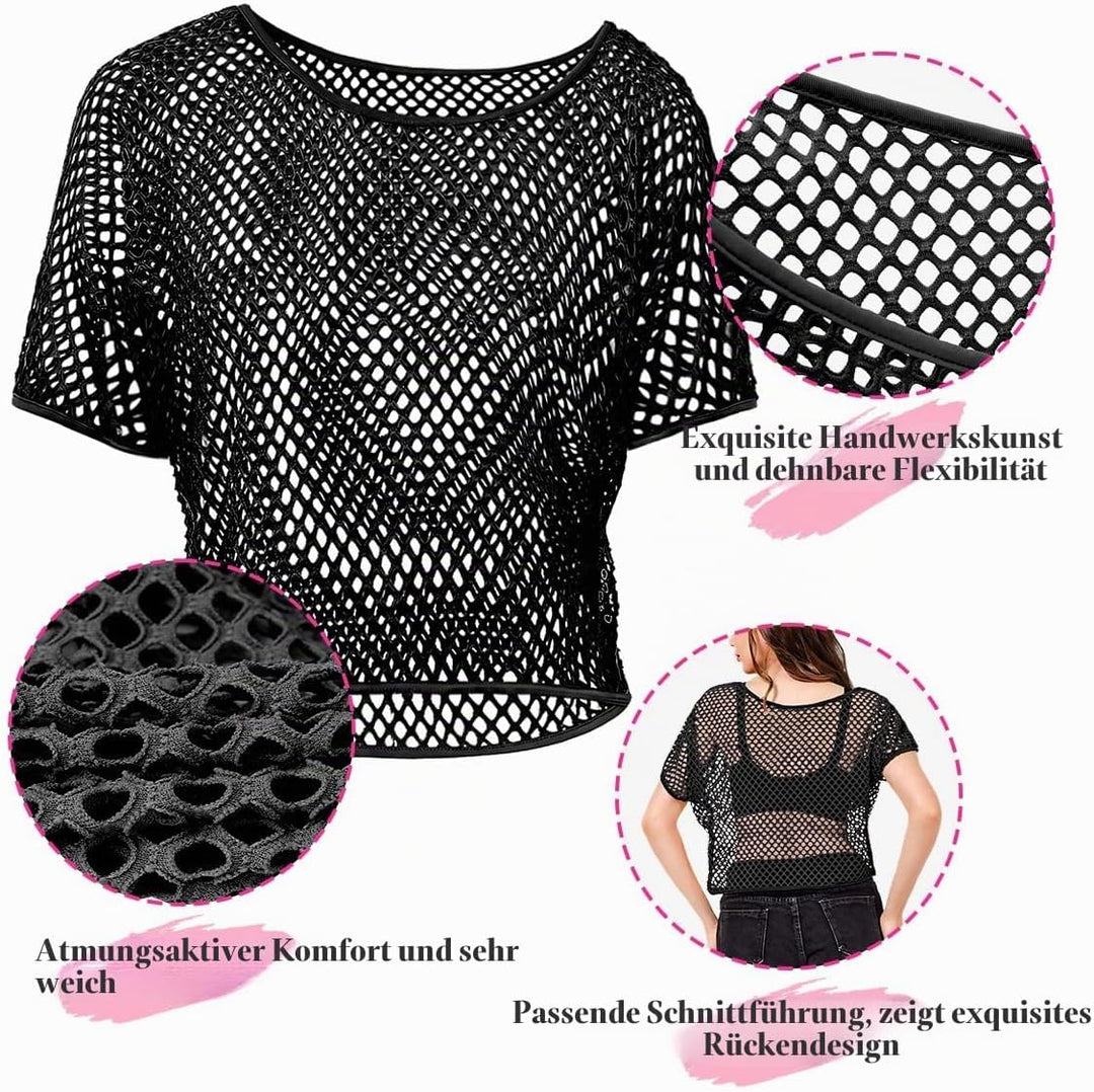 WILDPARTY 80er 90er Jahre Outfit Damen, Netzoberteil, Mesh Oberteil, Neon Shirt Aerobic Kostüm Sexy,