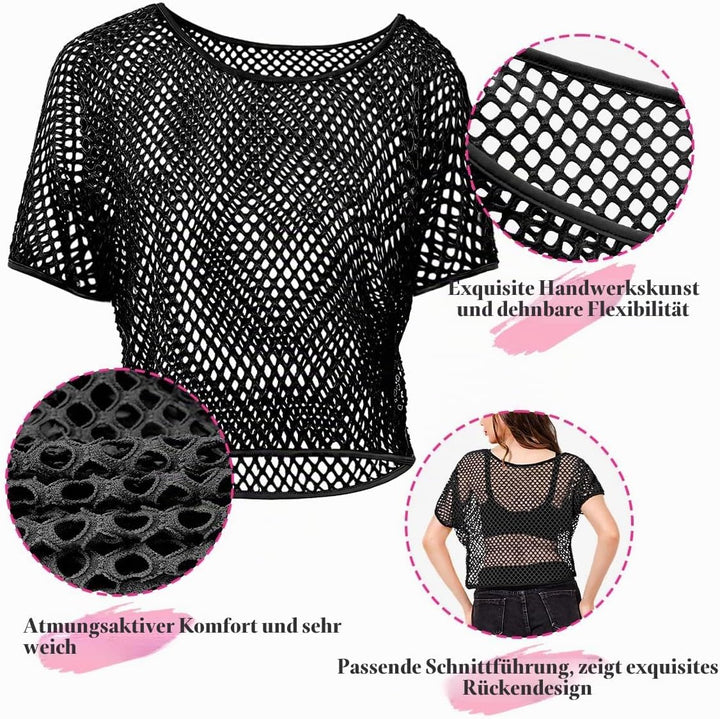 WILDPARTY 80er 90er Jahre Outfit Damen, Netzoberteil, Mesh Oberteil, Neon Shirt Aerobic Kostüm Sexy,