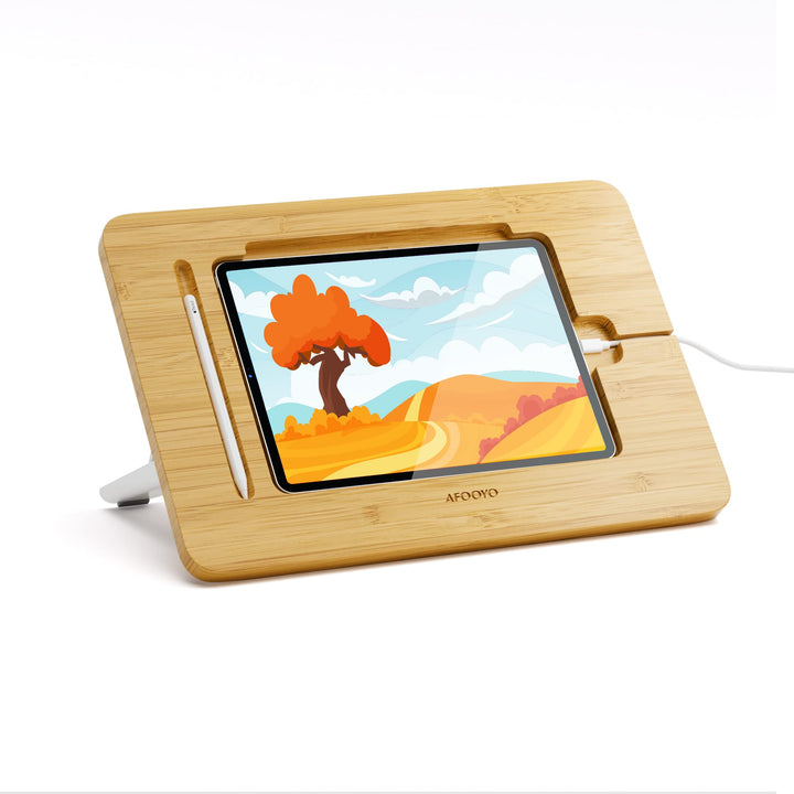 AFOOYO Tablet-Ständer, verstellbar, faltbar, tragbar, für Schreibtisch, Bambus, Holz, kompatibel mit