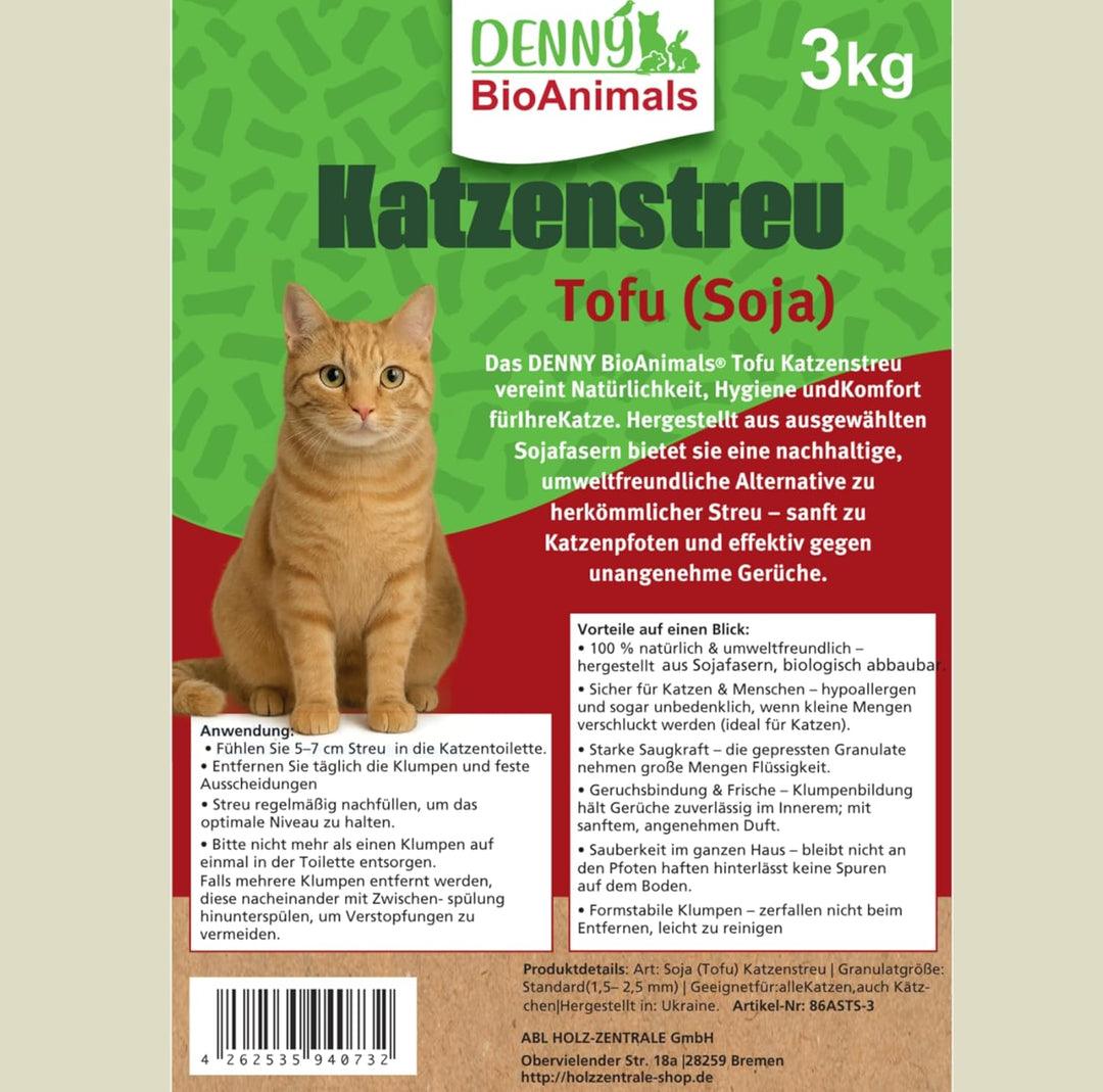 Tofu Katzenstreu 30 kg (10 Säcke je 3 kg), 80 L– 100% natürlich &amp; biologisch abbaubar – Ultra saugst