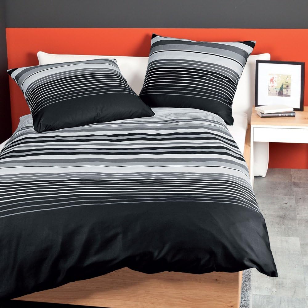 Janine Bettwäsche Set J.D. 87012 Farbe 08 Graphit Grau in Mako Satin 100% Baumwolle Streifen Design,