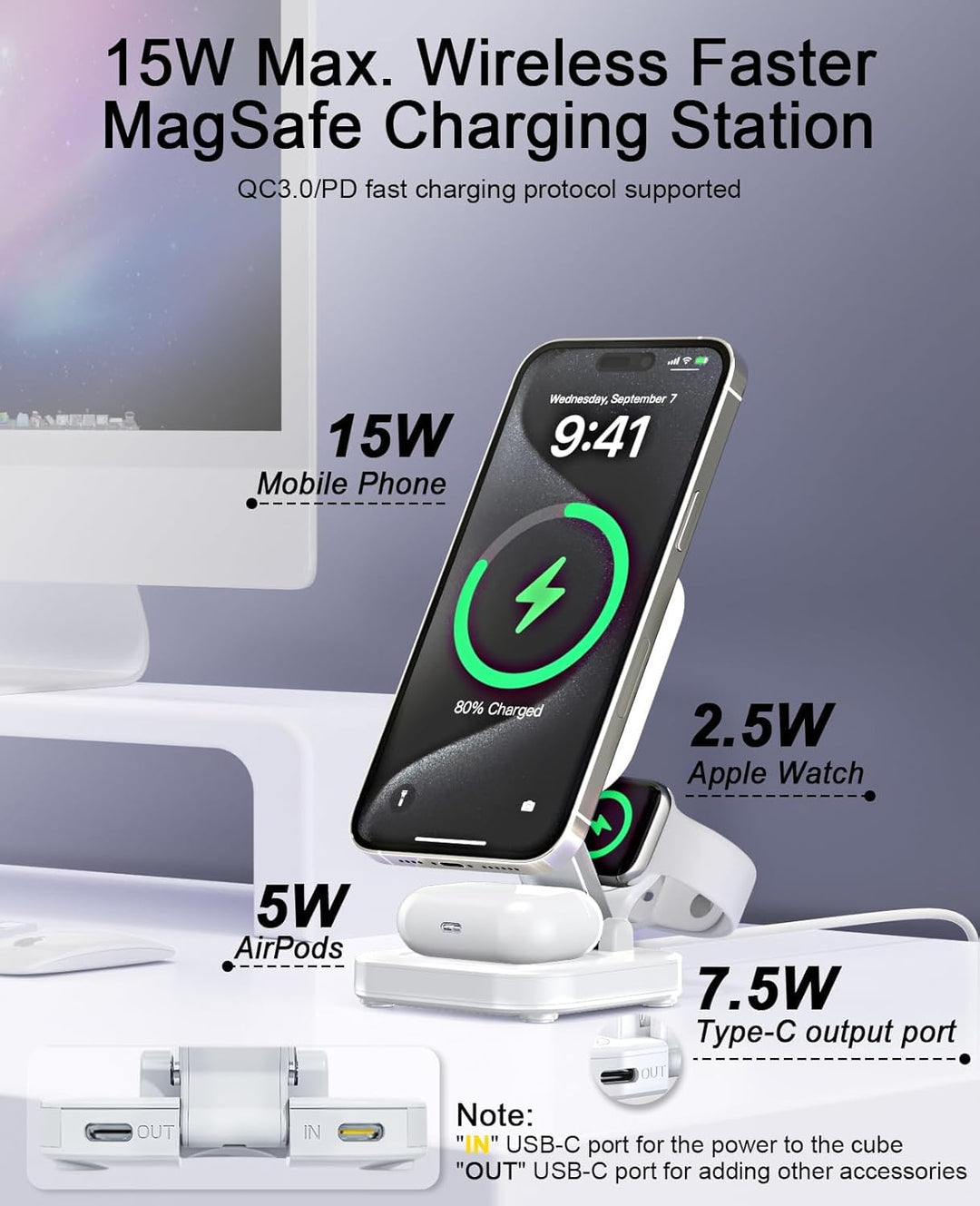 5 in 1 Mag-Safe Ladegerät mit 15W Wireless Charging Station für iPhone 17/16/15/14/13/12 Serie, AirP