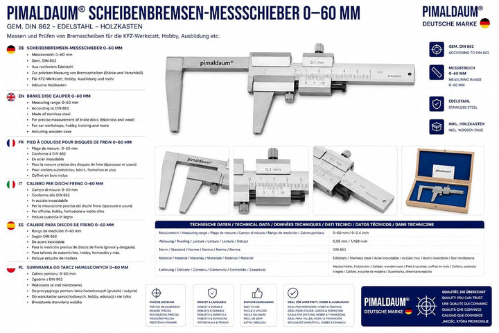 PIMALDAUM® Scheibenbremsen-Messschieber 0-60 mm Messgenauigkeit Nonius 0,05 mm, gem. nach DIN 862, E