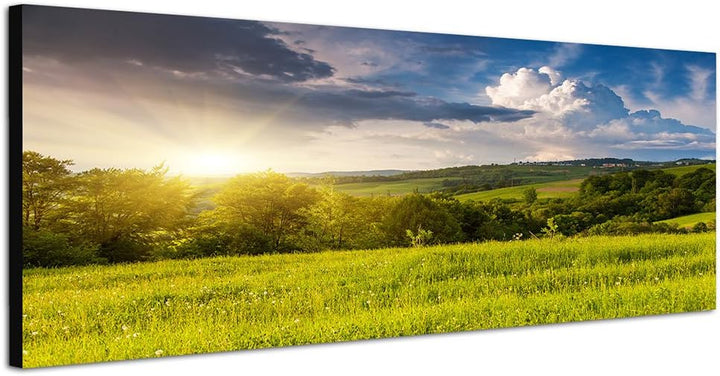 Paul Sinus Art Panoramabild auf Leinwand und Keilrahmen 150x50cm Ukraine Wiese Wolken Sonnenstrahlen