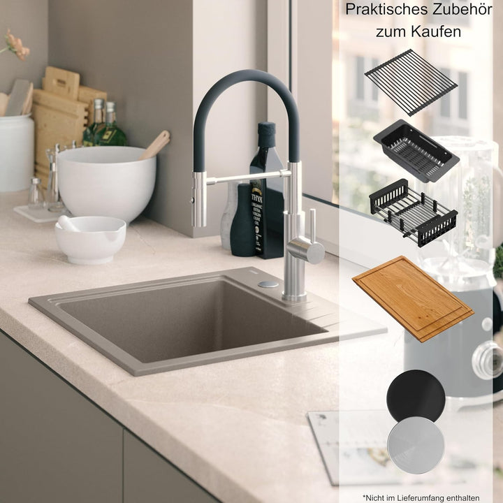 QUADRON Spülbecken Küchenspüle Granit | Grösse 50 x 52 x 20 cm, Weiss & Stahl | PETER 110 Granitspül