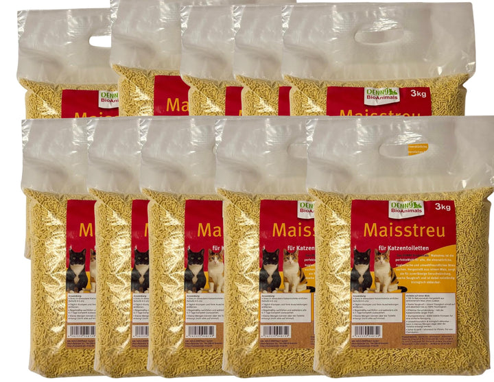 Maisstreu Katzenstreu 30 kg (10 Säcke je 3 kg), 80 L – 100% natürlich &amp; biologisch abbaubar – klumpe
