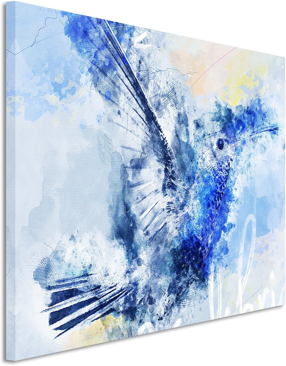 Paul Sinus Art Bild Leinwand 120x80cm Eleganter Kolibri im Flug in Blautönen mit Kalligraphie, 120x8