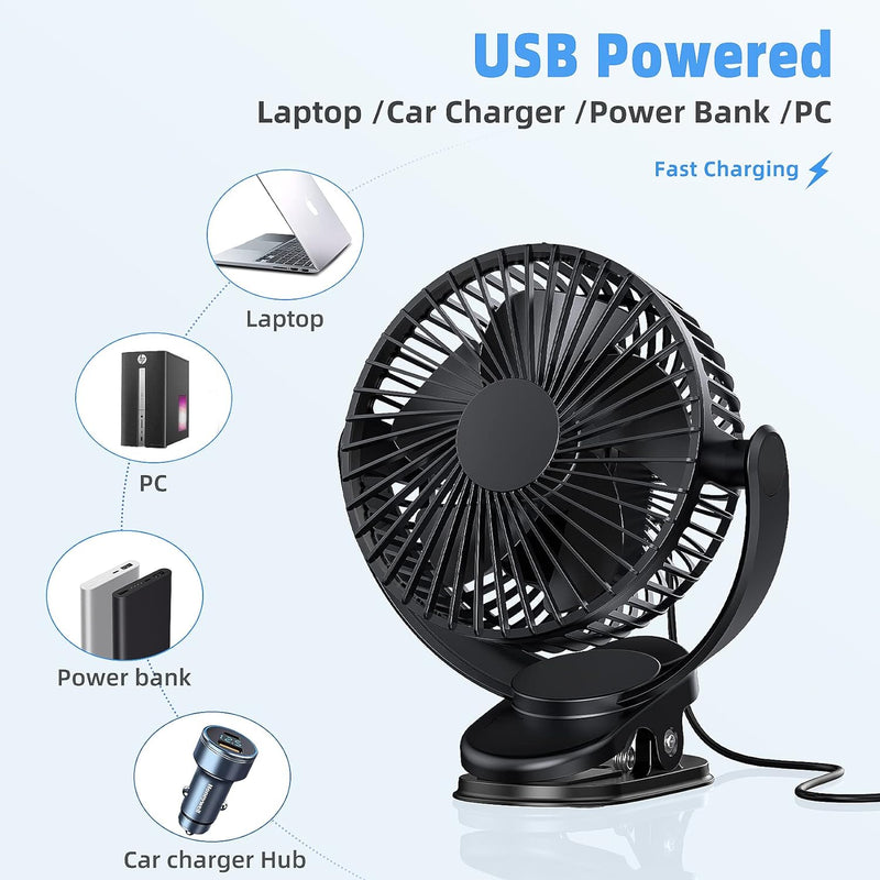 ATEngeus Mini USB Ventilator, 5000mAh Clip Fan, 3-Gang Akku Ventilator, leiser Tischventilator, 360°