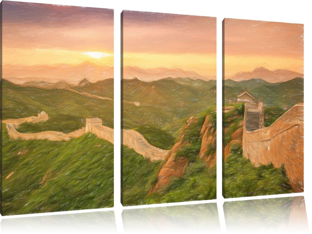 Pixxprint Chinesische Mauer / 3-Teilig/Gesamtmass 120cm Leinwandbild bespannt auf Holzrahmen/Wandbil