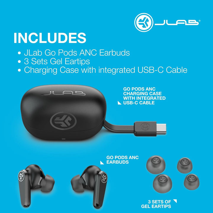 JLab Go Pods ANC In-Ear Kopfhörer Bluetooth mit Noise Cancelling - Kabellose Earbuds mit 26+ Std. -
