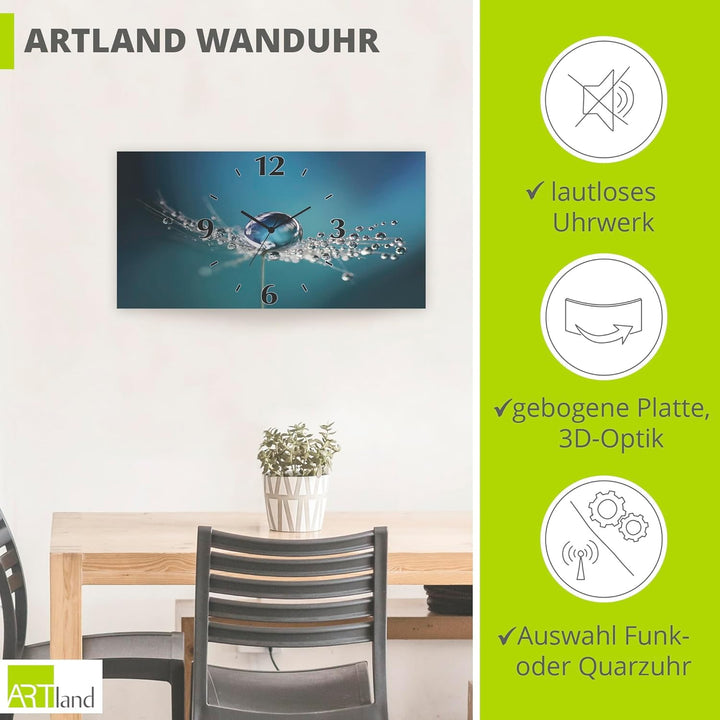 ARTLAND Wanduhr ohne Tickgeräusche Alu Quarzuhr lautlos 60x30 cm Rechteckig Blumen Pusteblume Wasser
