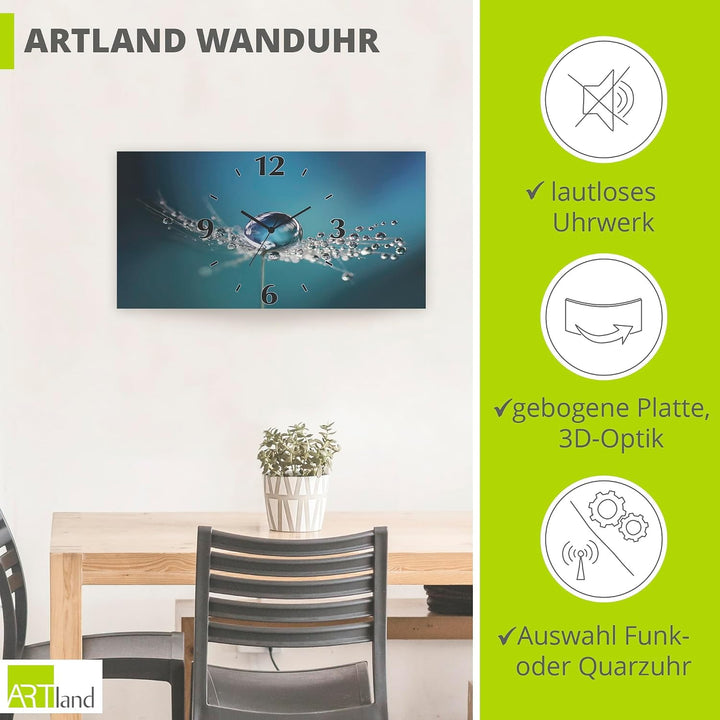 ARTLAND Wanduhr ohne Tickgeräusche Alu Quarzuhr lautlos 60x30 cm Rechteckig Blumen Pusteblume Wasser
