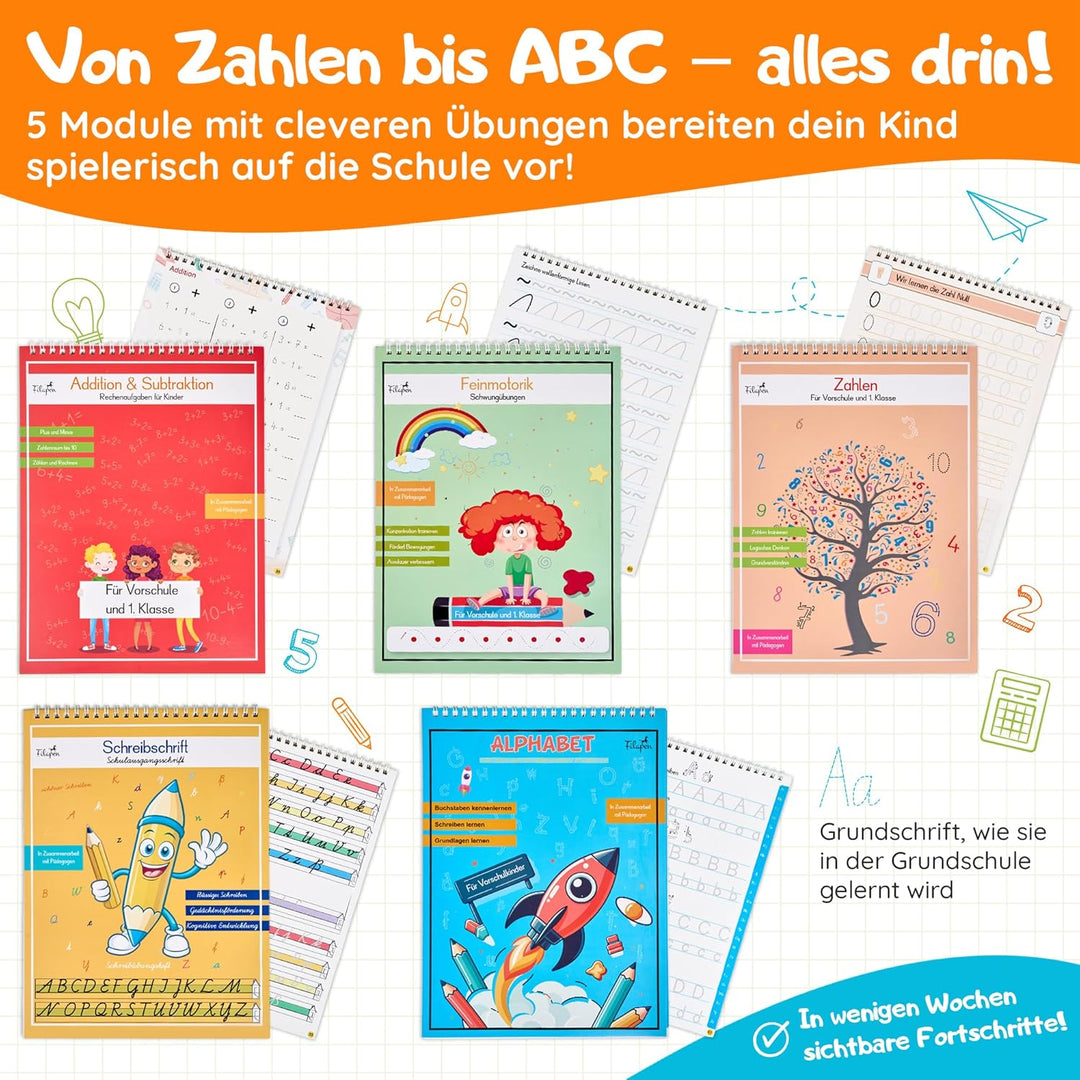 Filapen® Magische Vorschulhefte ab 5 Jahren - 5x Übungshefte + Stift – Schreiben & Lesen lernen, Buc