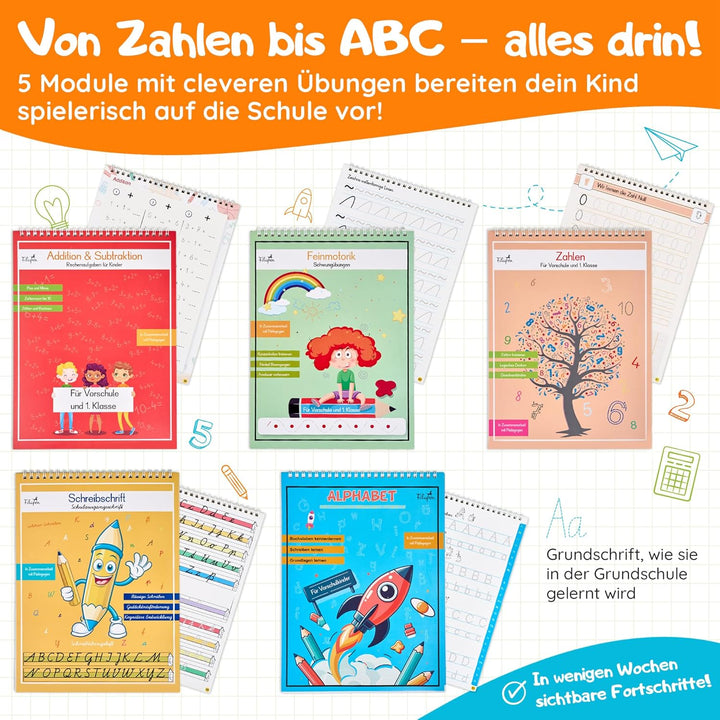 Filapen® 5 Stück Magische Übungshefte Deutsch I Wiederverwendbare Übungshefte für Vorschulkinder I V