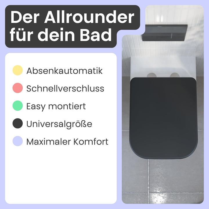 instmaier Helma | Toilettendeckel mit Absenkautomatik | Schwarz | TÜV geprüft | Eckig | Toilettensit