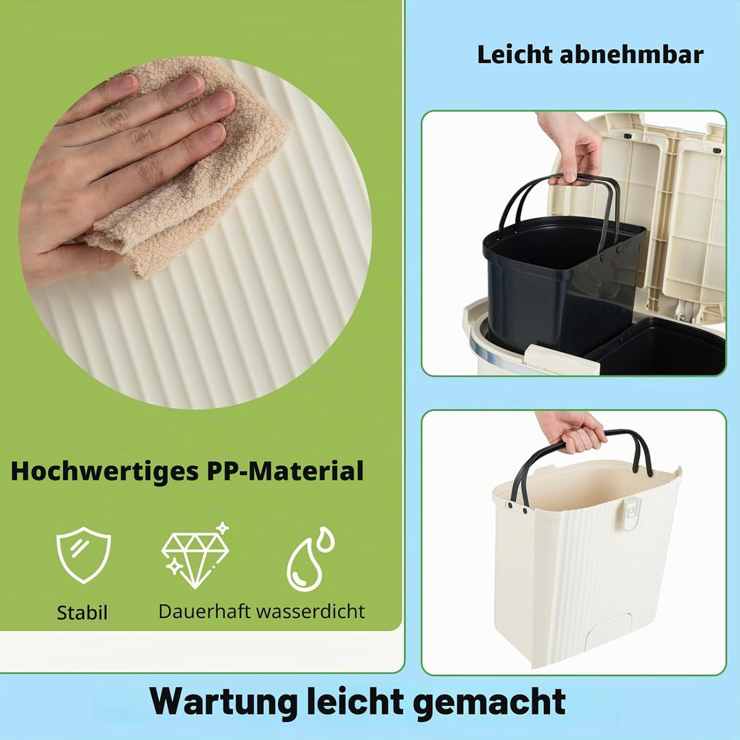 LIFEZEAL 38L / 42L Mülleimer auf Rädern, Abfalleimer mit 3 Fächern & Deckel, Tretmülleimer mit Griff