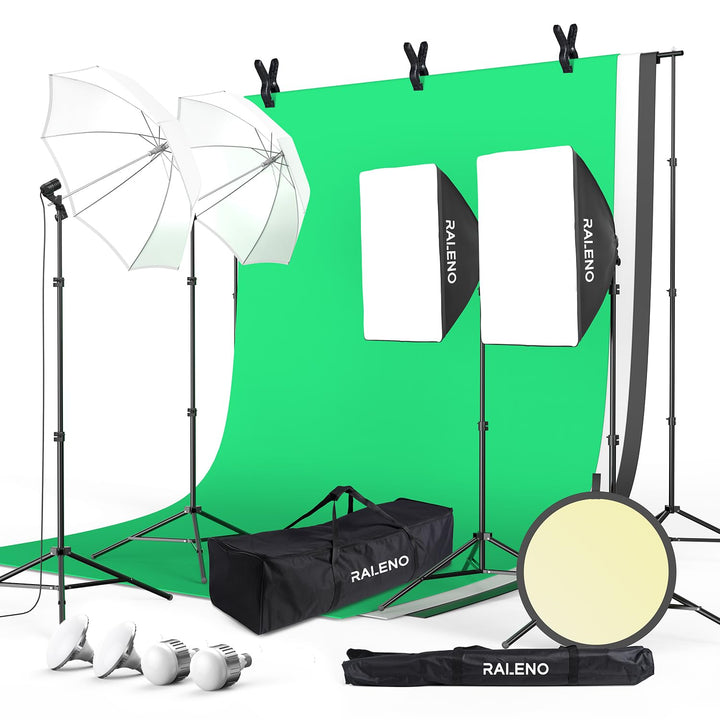 RALENO Fotostudio Set, 2,6M x 3M Hintergrund Stützsystem Greensreen Set, Softbox Studio Beleuchtungs