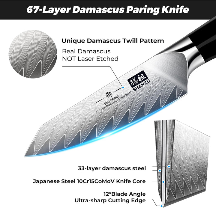 SHAN ZU Damastmesser Schälmesser Obstmesser scharf 9,3 cm Gemüsemesser Küchenmesser, AUS-10 Japanisc