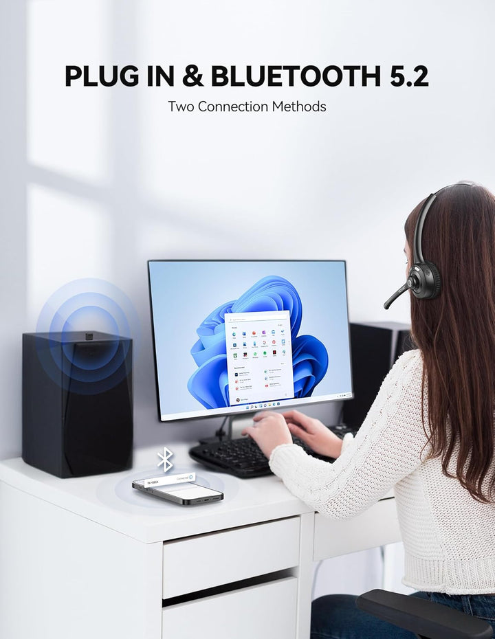 TECKNET Bluetooth Headset mit Mikrofon & USB Dongle, kabelloses PC Headset, Rauschunterdrückung und