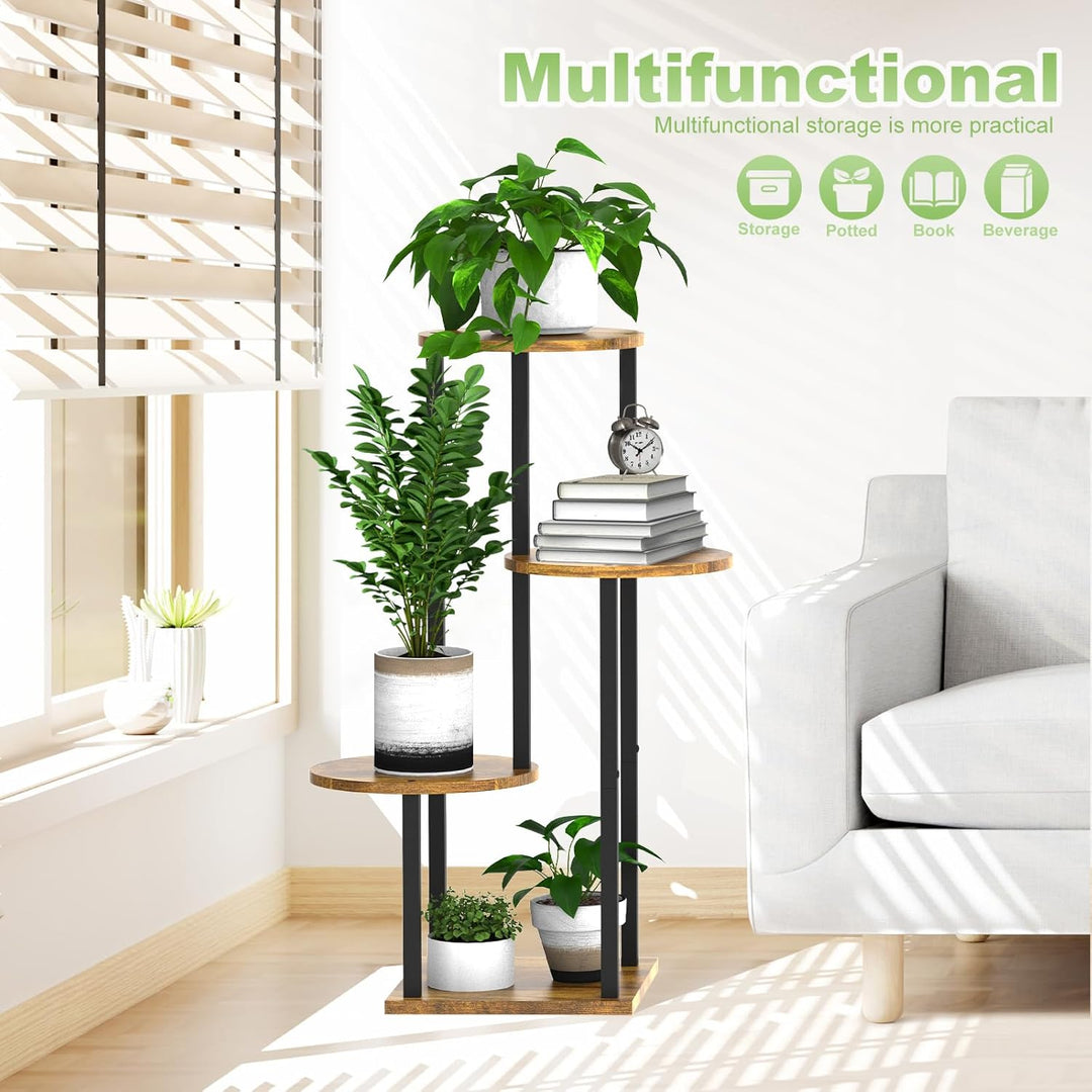 YOCOMEY 4 Tier Hölzern Blumenregal Metall Pflanzenregal, Mehrstöckig Blumenständer Pflanzenständer B