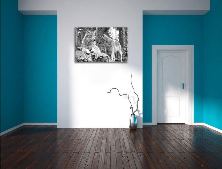 Wölfe im Wald Kunst B&W, Format: 100x70 auf Leinwand, XXL riesige Bilder fertig gerahmt mit Keilrahm