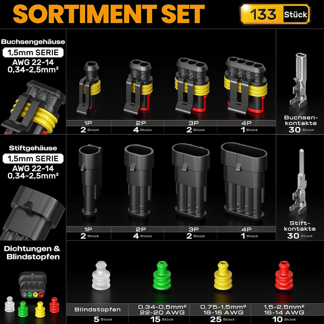 SOMELINE Crimpzange Kfz Stecker Wasserdicht Set [0,34–2,5 mm²], mit 1/2/3/4 polig Kfz Steckverbinder