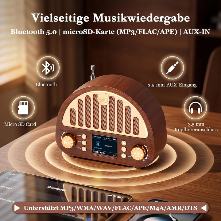ROCAM DAB+/UKW Radio, Retro Radio mit Bluetooth 5.0, 8W Full Sound Lautsprecher, 3000mAh Akku, 2" Fa
