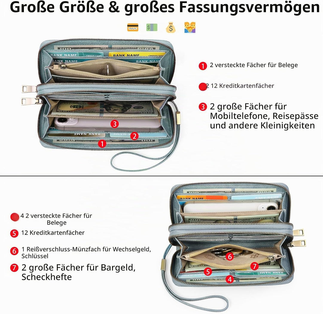 GAEKEAO Geldbörse Damen Gross, Portemonnaie Damen Veganes Leder Doppel Reissverschluss Kreditkartene