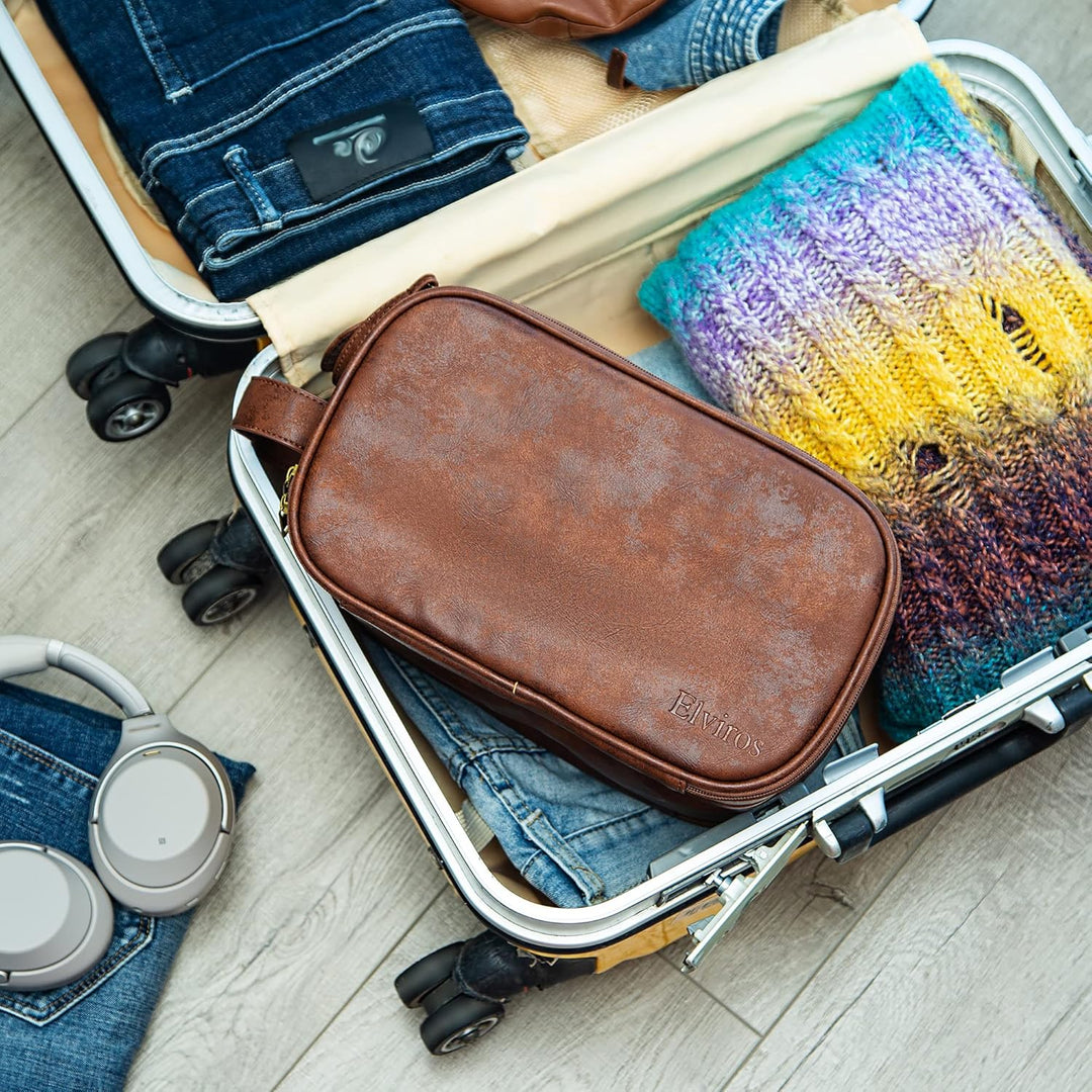 Elviros Kulturbeutel PU-Leder für Herren grosse wasserdichte Reise-Kulturtasche Waschtasche im Bade