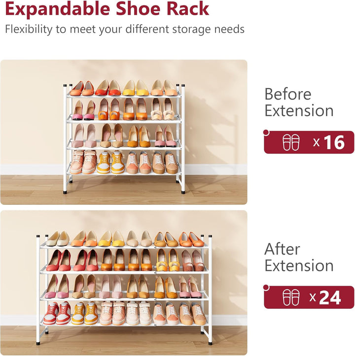 Tajsoon Schuhregal 4 Ebenen, 74–104 cm verstellbar & stapelbar, für Eingang, Schrank, Garage, weiss