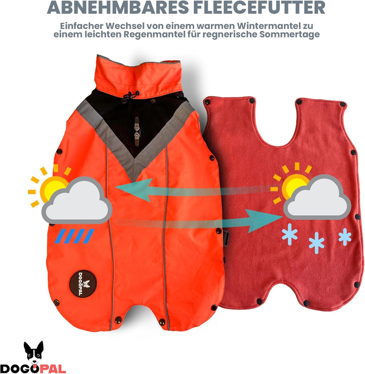 DOGOPAL 2in1 Allwetter-Hundemantel – Wasserdichter Hunderegenmantel mit herausnehmbarem Fleece – Reg