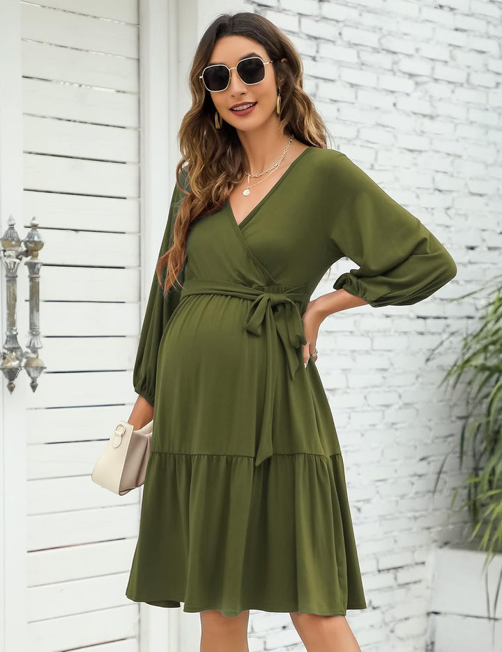 KOJOOIN Damen Umstandskleid V-Ausschnitt 3/4 Ärmel Stillkleid Rüschen Schwangerschafts Kleider mit G