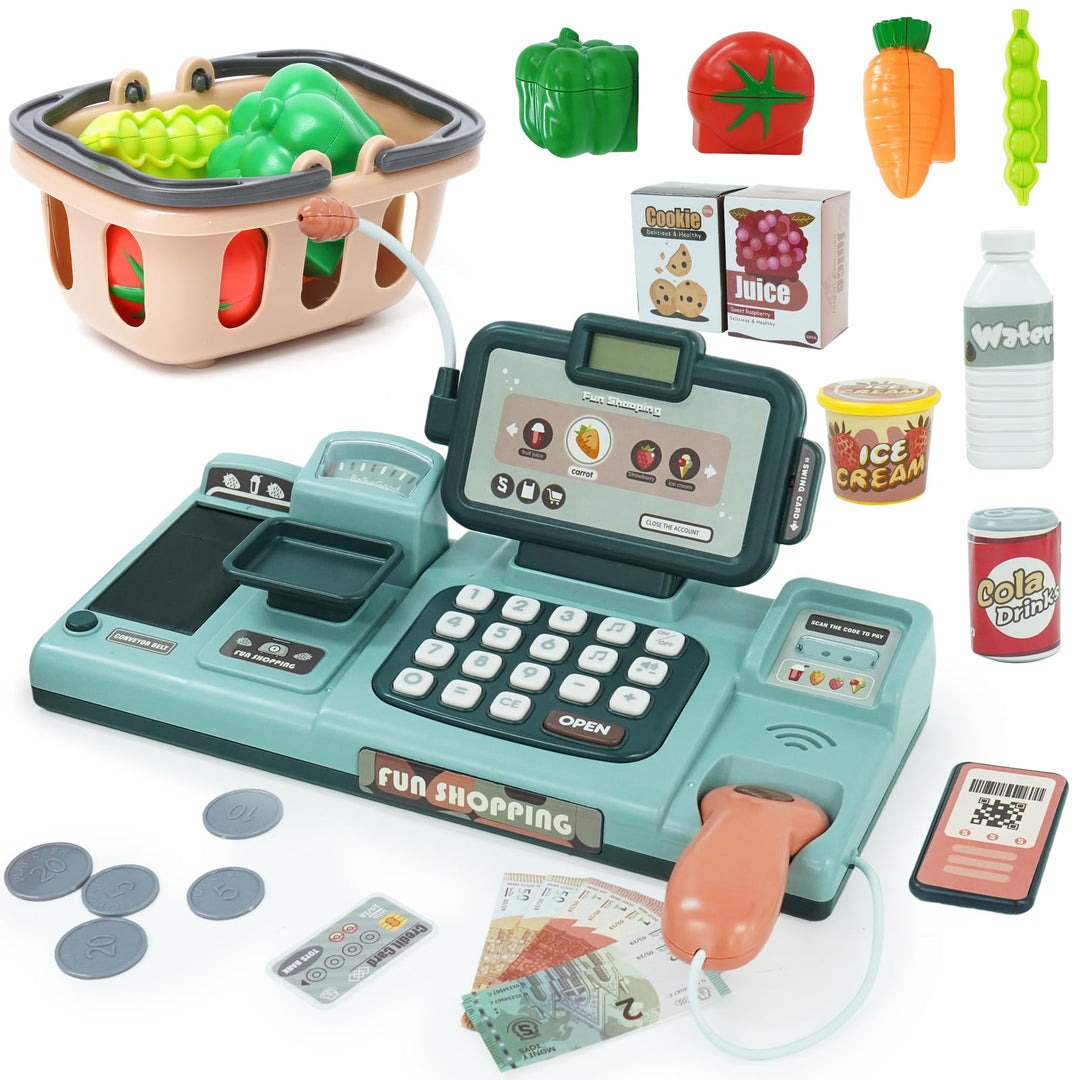 Elektronische Kasse Spielzeug Supermarkt Registrierkasse mit Scanner,Sound, Essen,Einkaufskorb,Kredi