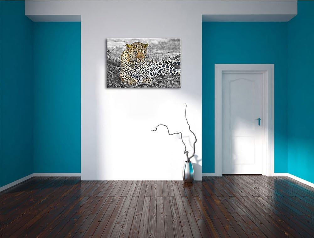 schöner Leopard liegt im Laub schwarz/weiss Deluxe Format: 100x70 cm auf Leinwand, XXL riesige Bilde