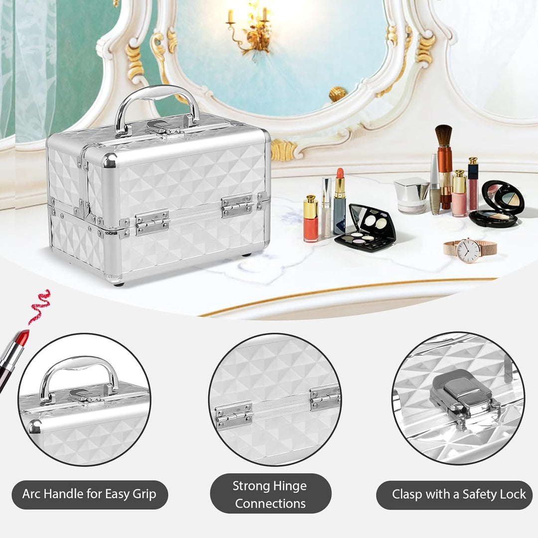 HOMASIS Kosmetikkoffer mit Spiegel, Mini Schminkkoffer mit 3 Ebenen, tragbarer Beauty Case mit Griff