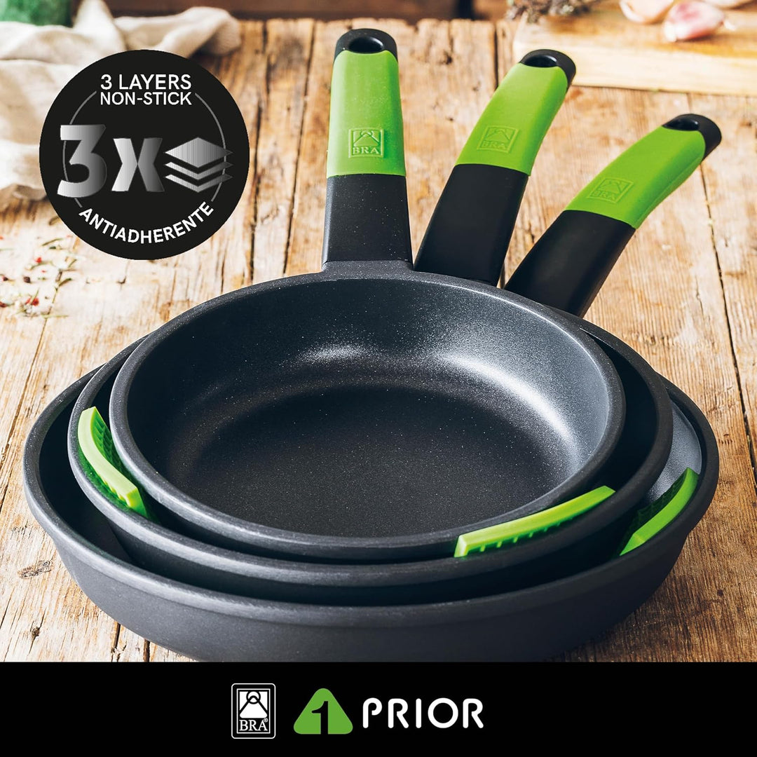 BRA Prior | Set mit 3 Bratpfannen, 18–22–26 cm, antihaftbeschichtetes Aluminiumguss, mit zwei sicher
