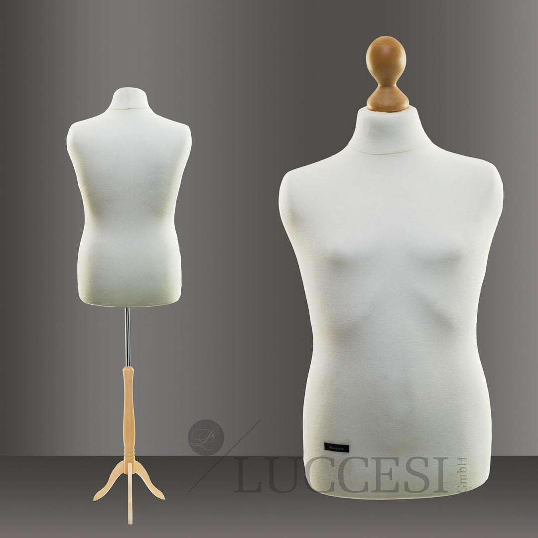 Schneiderpuppe | LUCCESI | Torso männlich | Size: L (50-52) | Bezug Creme-Weiss | Standfuss buche |