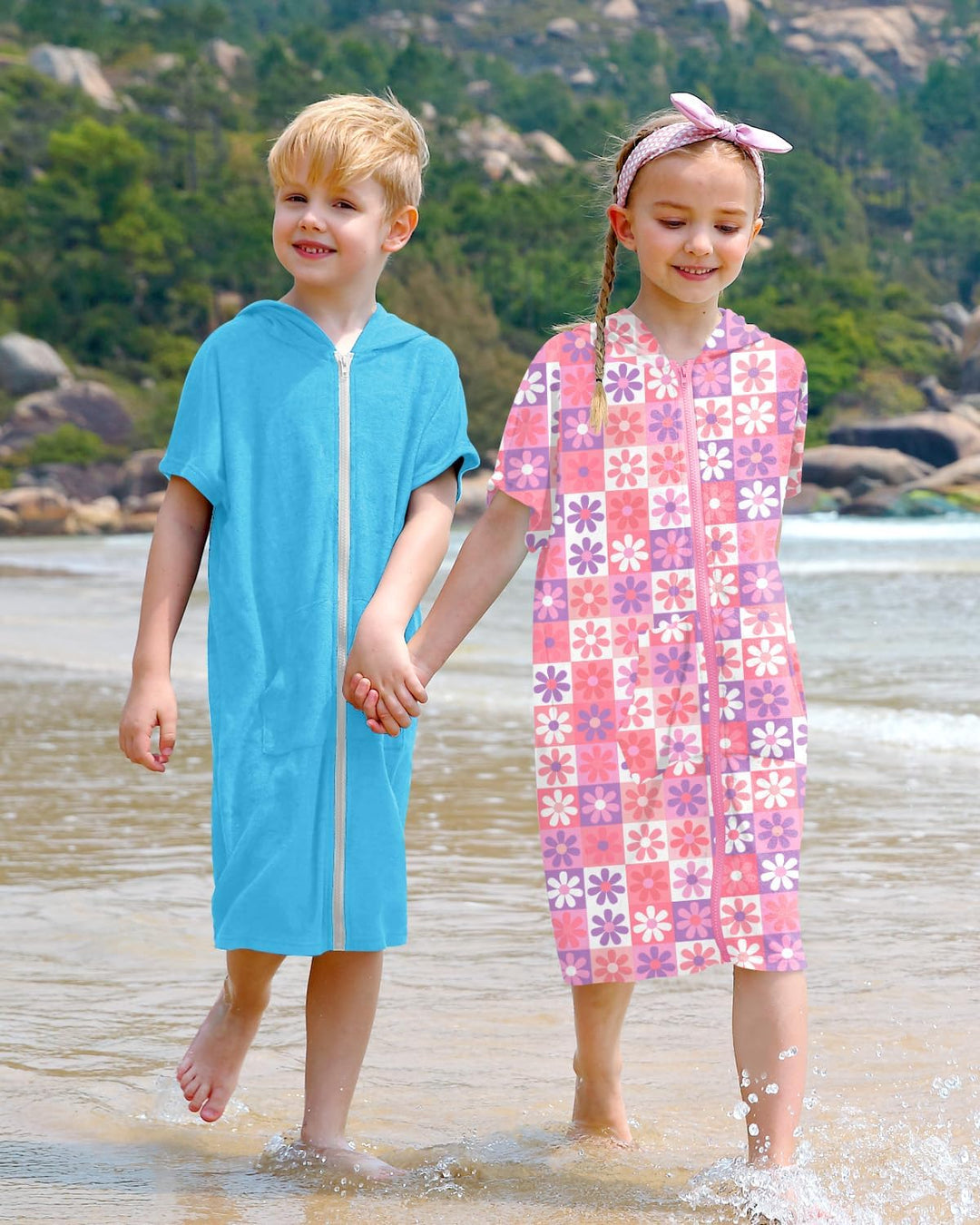 BesserBay Mädchen Junge Badeponcho Frottee Bademantel Kapuze Poncho mit Taschen Zip Cover Up Kinder