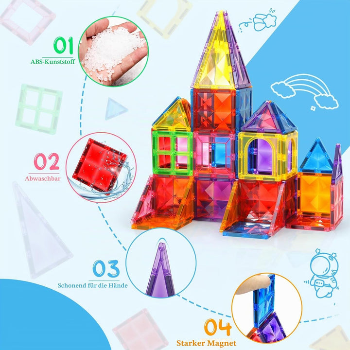 Magnetische Bausteine 60 Teile, Magnetbausteine Kinder Bauspielzeug Mit 1 Autos, Magnetic Tiles Lehr