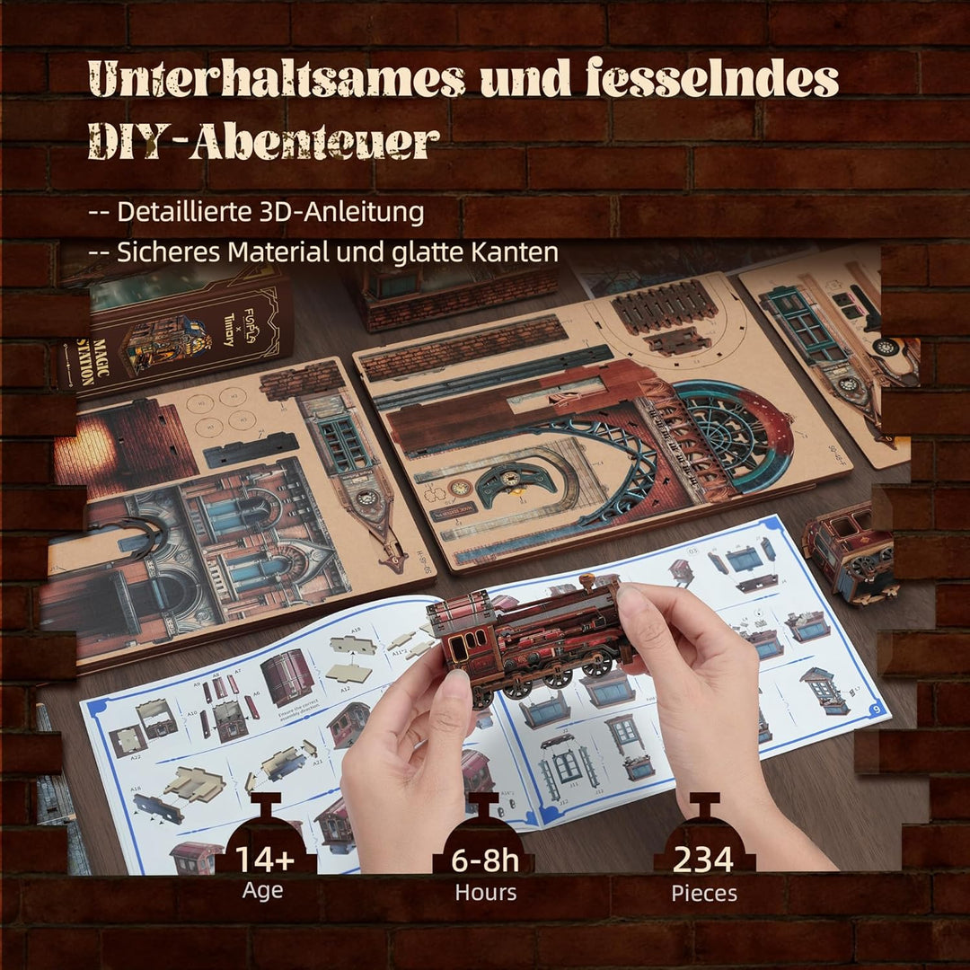 FUNPOLA LED 3D Puzzle Magische Station Book Nook Kit - Interaktives 3D Holzpuzzle LED Magische Minia