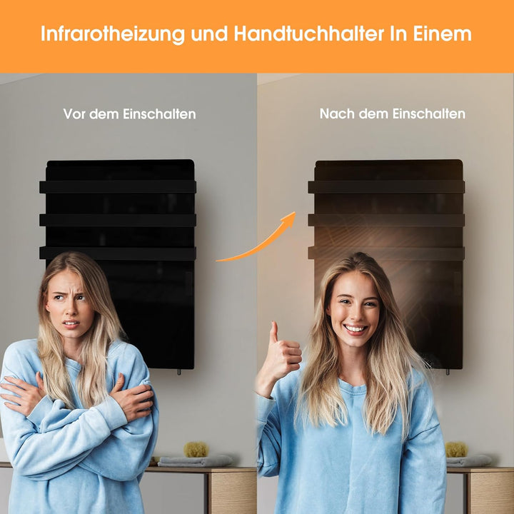 Infrarotheizung mit Thermostat 730 Watt, Bad-Heizkörper mit Handtuchhalter, Infrarot Wandheizung mit