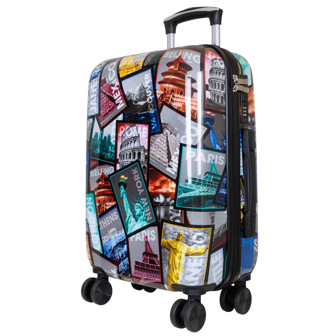 Trendyshop365 Handgepäck Koffer Hartschale klein 57 cm - bunt Motiv Weltreise Rio Athen Paris Handge