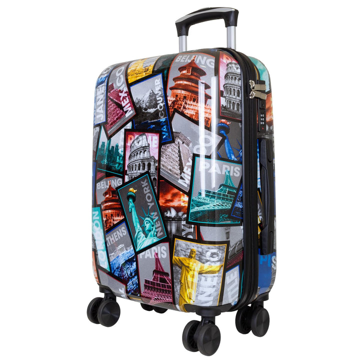 Trendyshop365 Handgepäck Koffer Hartschale klein 57 cm - bunt Motiv Weltreise Rio Athen Paris Handge