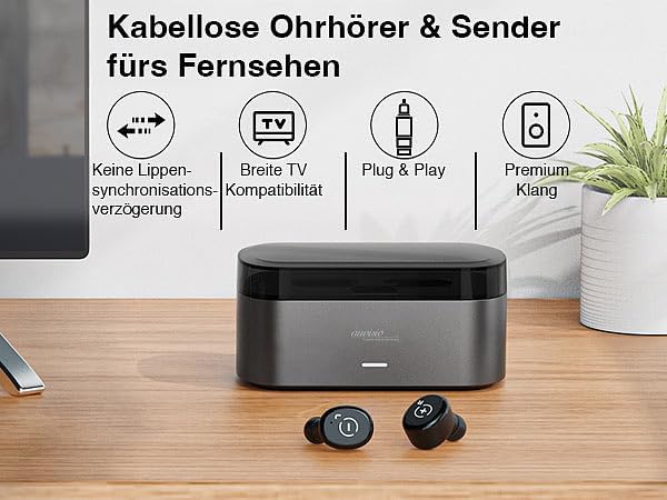 auvisio in Ear Ohrhörer: TV-Funk-Ohrhörer mit Transmitter-Ladebox, 2,4GHz, TOSLINK, AUX, Bypass (in-