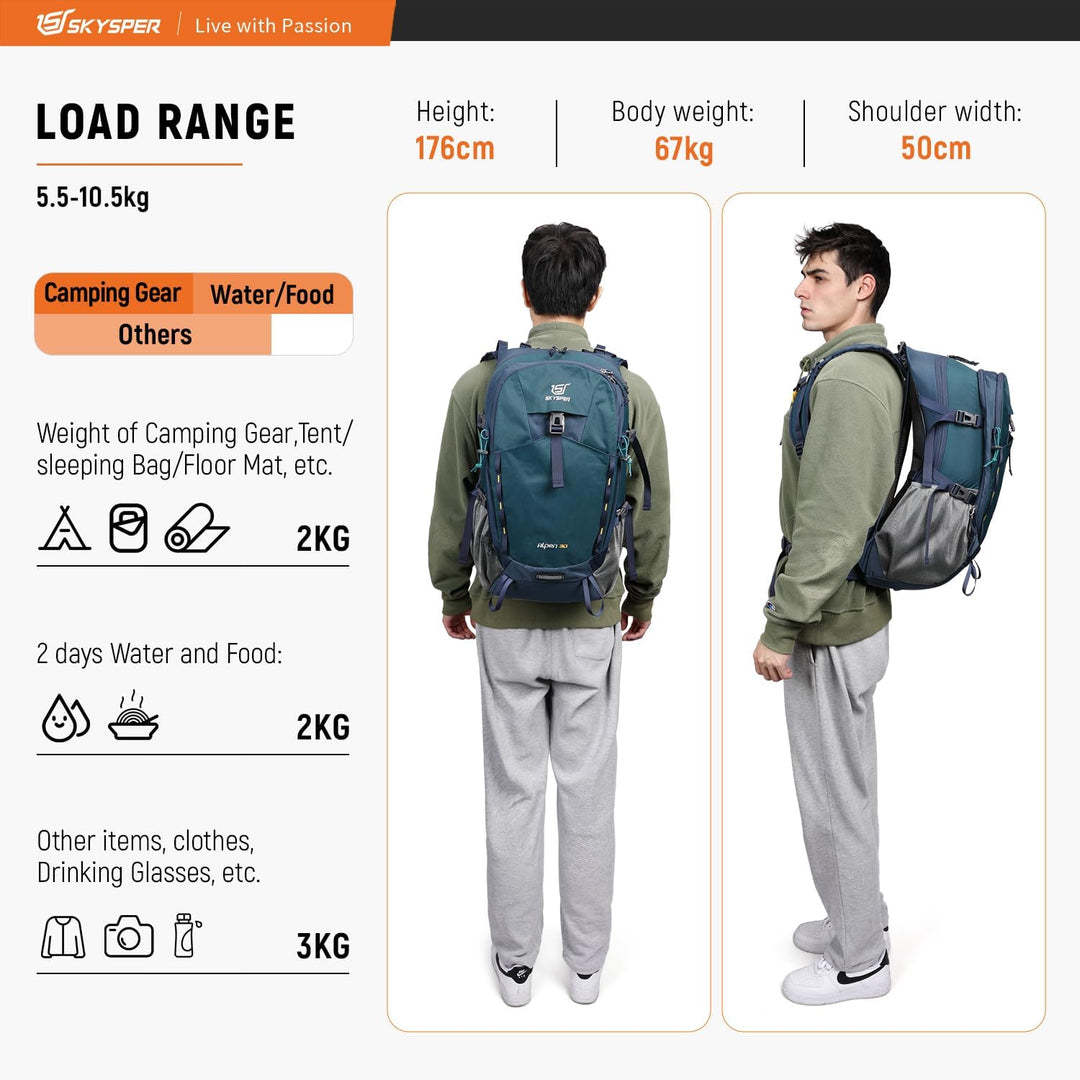 SKYSPER Wanderrucksack 30L Trekkingrucksack Wasserfest mit Rückenbelüftung und Netzrücken Tagesausfl