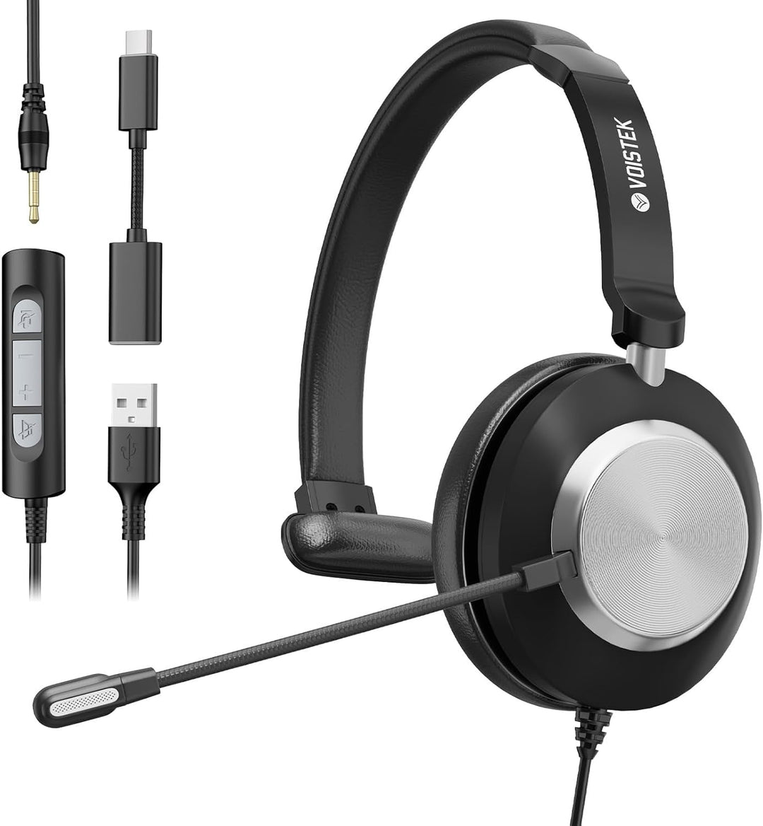 Voistek USB Headset mit Mikrofon für Laptop PC, Typ C-USB-3,5mm Jack, Wired On-Ear Kopfhörer mit Ger